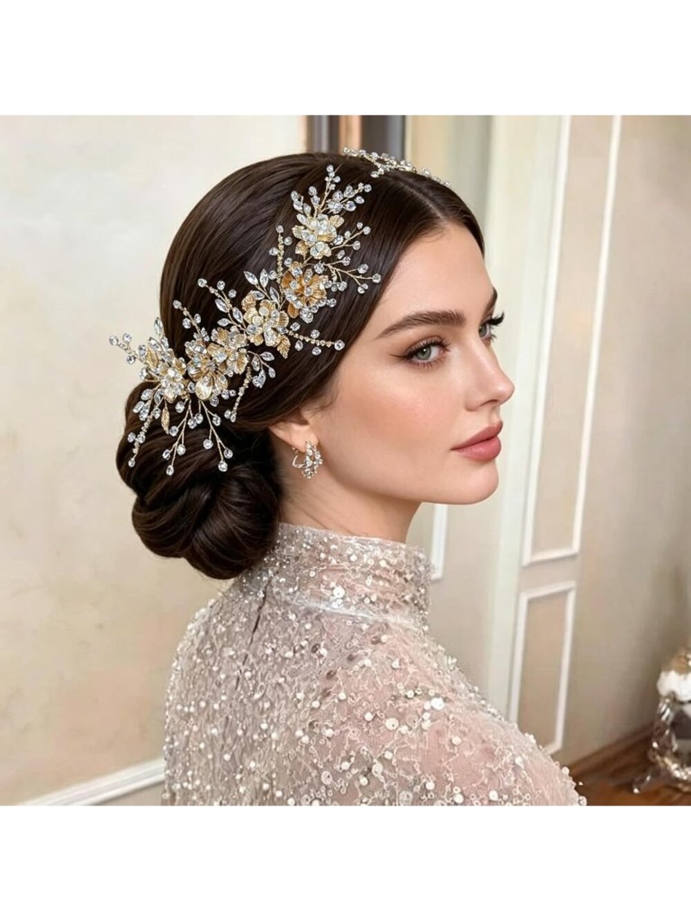 Women's Gold Handmade Elegant Flower Rhinestone Bridal Wedding Headband